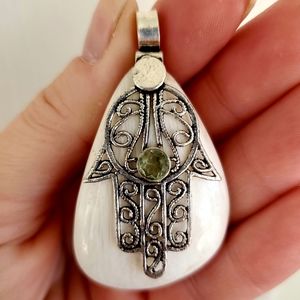 New Scolecite & Green Amethyst Silver Hamsa Hand Pendant.